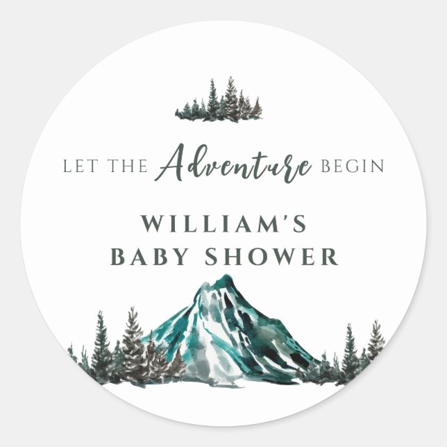 Let The Adventure Begin Mountain Pine Baby Shower Classic Round Sticker (Front)