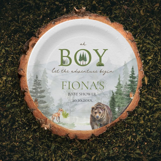 Let The Adventure Begin Mountains Boy Baby Shower Paper Plate (Oh Boy Let the adventure Begin Custom Baby Shower Paper Plate)