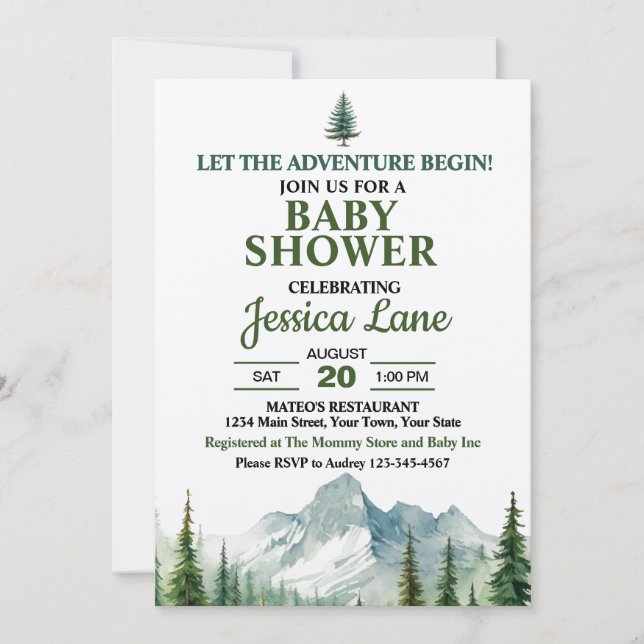 Let The Adventure Begin Rocky Mountain Baby Shower Invitation (Front)