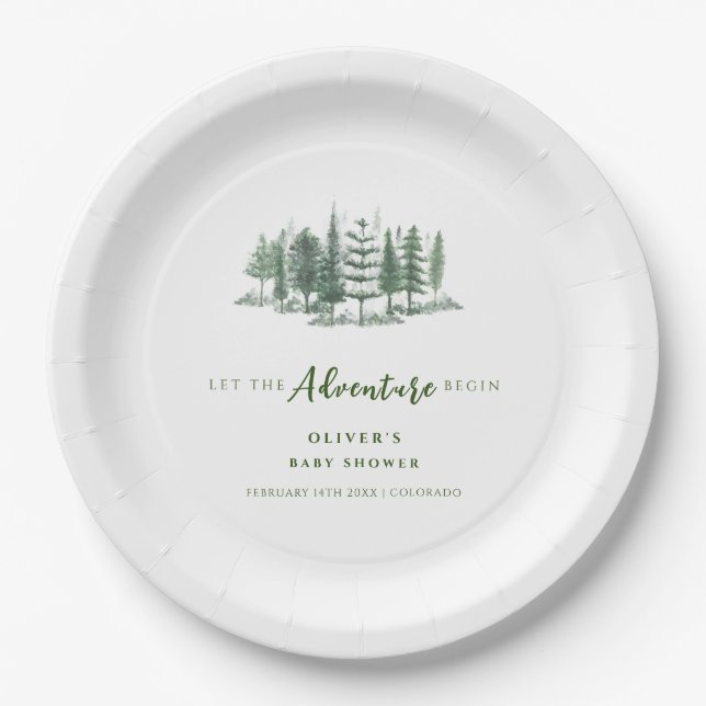 Let The Adventure Begin Rustic Forest Baby Shower Paper Plate (Front)