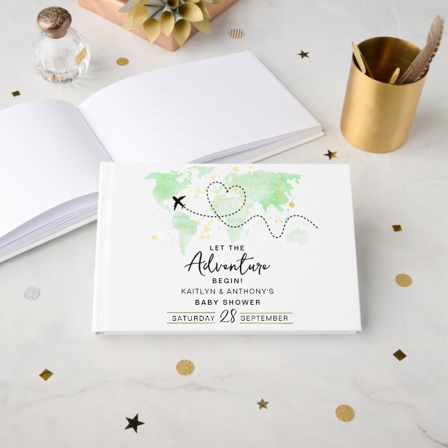 "Let The Adventure Begin!" Travel Map Baby Shower Guest Book (Front Open)