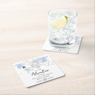 "Let The Adventure Begin!" Travel Map Baby Shower Square Paper Coaster