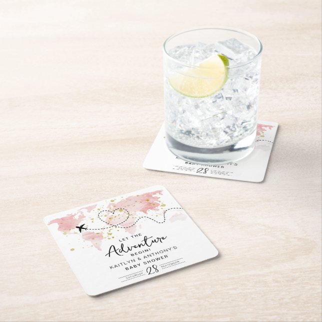 "Let The Adventure Begin!" Travel Map Baby Shower Square Paper Coaster (Insitu)