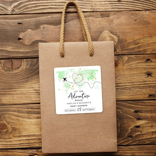 "Let The Adventure Begin!" Travel Map Baby Shower Square Sticker (Creator Uploaded)