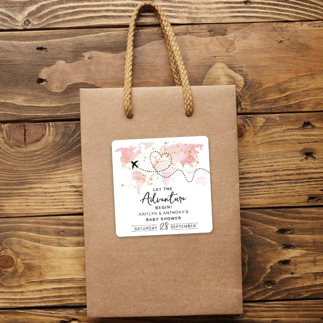 "Let The Adventure Begin!" Travel Map Baby Shower Square Sticker (Creator Uploaded)