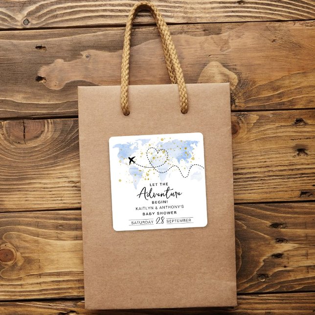 "Let The Adventure Begin!" Travel Map Baby Shower Square Sticker (Creator Uploaded)