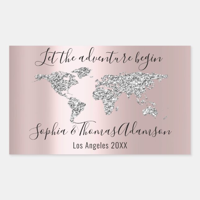 Let The Adventure Begin Wedding  World Map Rose Rectangular Sticker (Front)