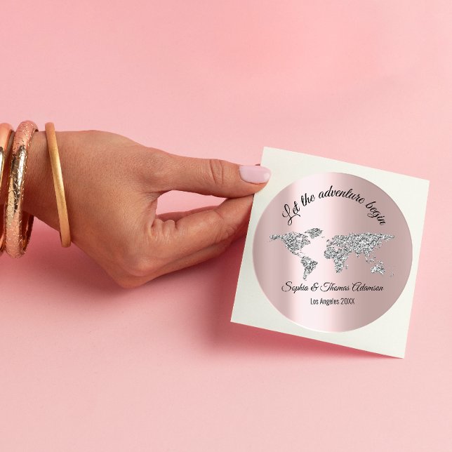 Let The Adventure Begin Wedding  World Rose Grey Classic Round Sticker (Creator Uploaded)