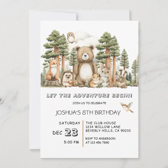 Let The Adventure Begin Woodland Animals Birthday Invitation (Front)