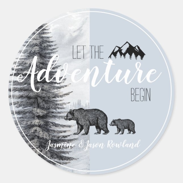 Let The Adventure Begin Woodland Bear Baby Shower Classic Round Sticker (Front)