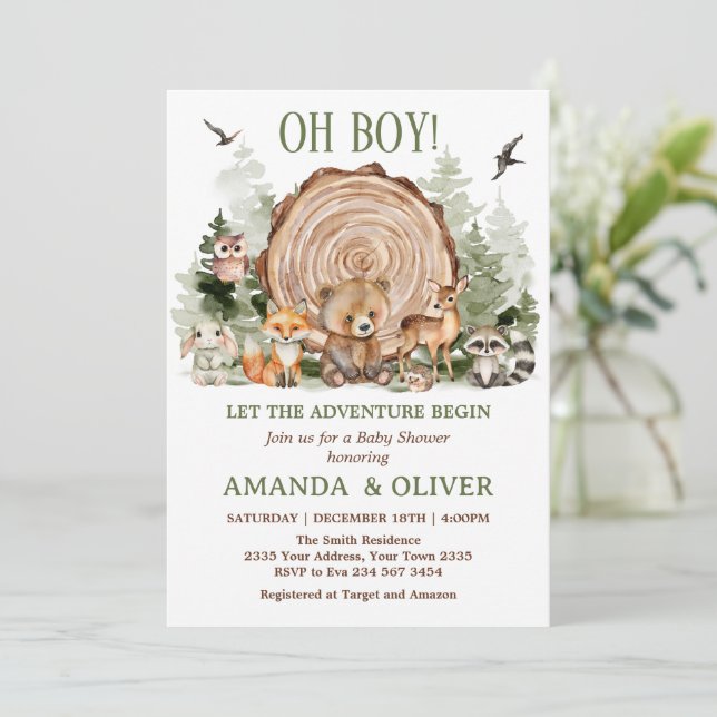 Let the Adventure Begin Woodland Boy Baby Shower Invitation (Standing Front)