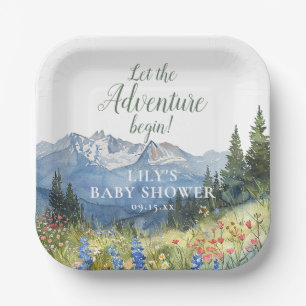 Let The Adventure Mountain Floral Baby Shower Paper Plate