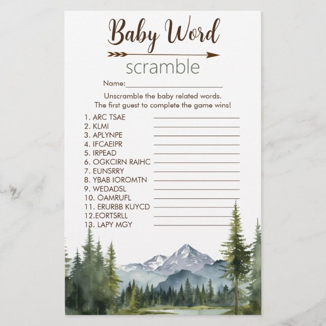 Let the Adventure Word Scramble Game Baby Shower (Front)