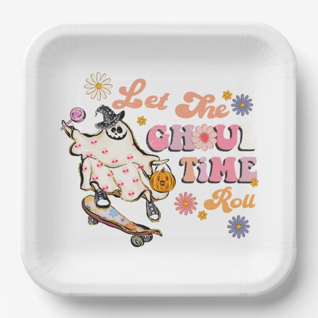 Let the Ghoul Time Roll Retro Halloween Paper Plate (Front)