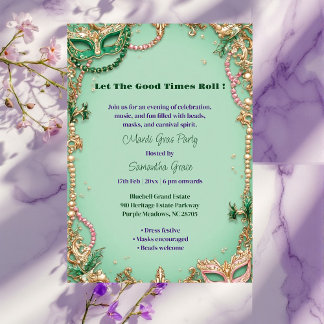 Let The Good Times Roll Mardi Gras Mask Beads Fun Invitation