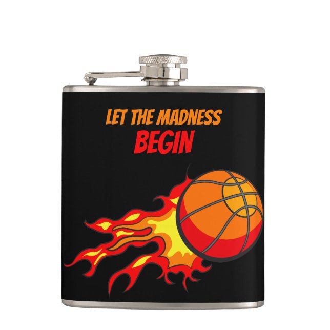 Let the Madness Begin, Flying Basketball Black Hip Flask (Front)