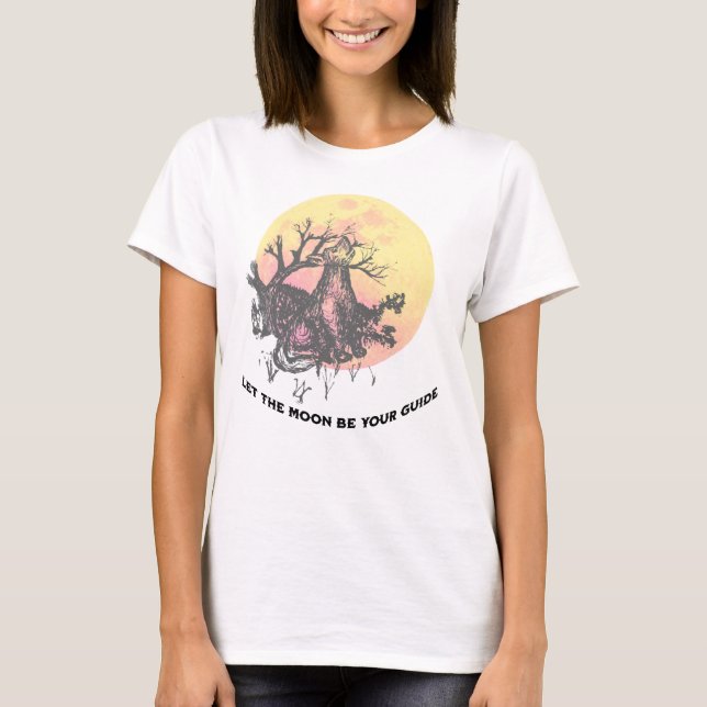 Let The Moon Guide, Wolf on Moon Rustic Letters T-Shirt (Front)
