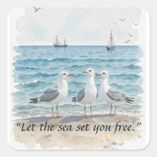 Let the Sea Set You Free – Beach and Seagull Water Square Sticker (Front)