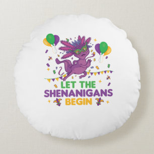Let The Shenanigans Begin Mardi Gras Axolotl Round Cushion
