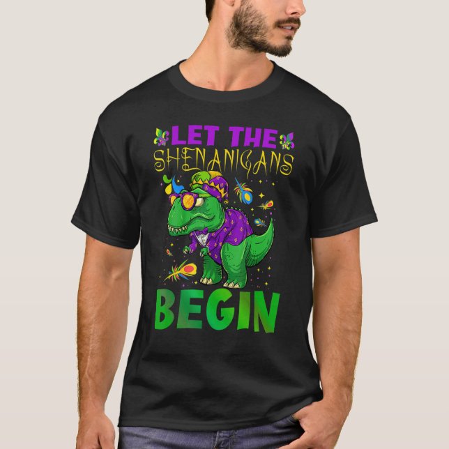 Let The Shenanigans Begin Mardi Gras Dinosaur Kids T-Shirt (Front)