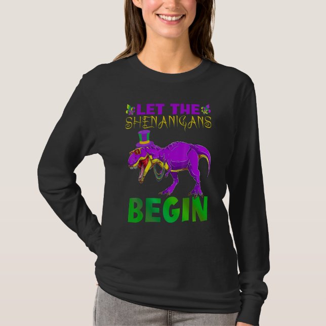 Let The Shenanigans Begin Mardi Gras Dinosaur Kids T-Shirt (Front)