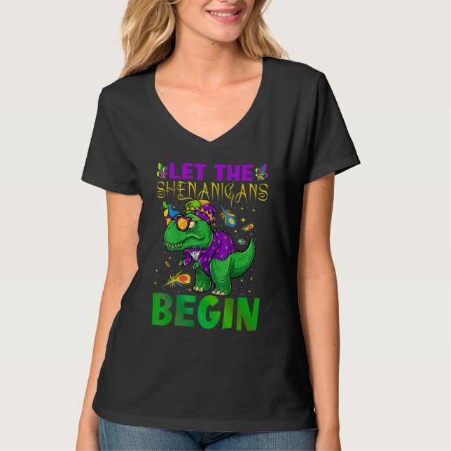 Let The Shenanigans Begin Mardi Gras Dinosaur Kids T-Shirt (Front)