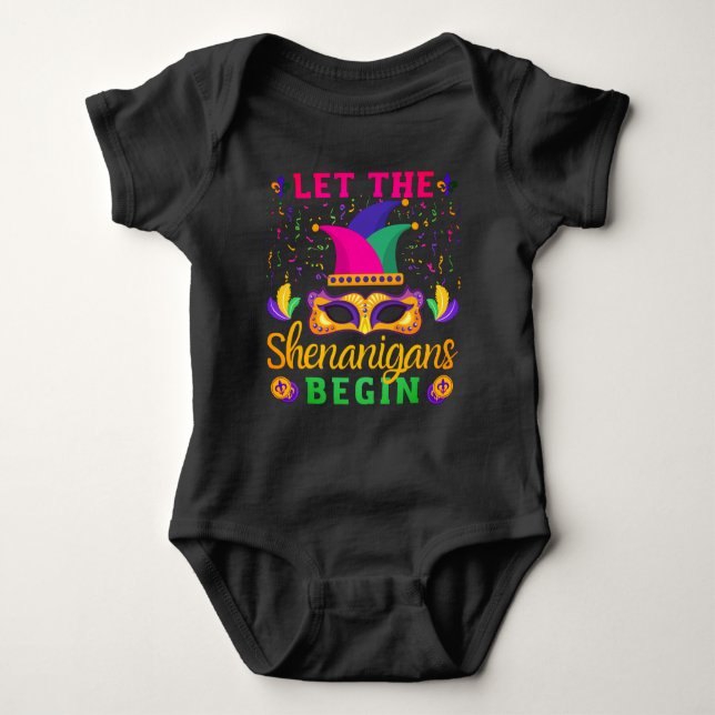 Let The Shenanigans Begin Mardi Gras Festival Baby Bodysuit (Front)