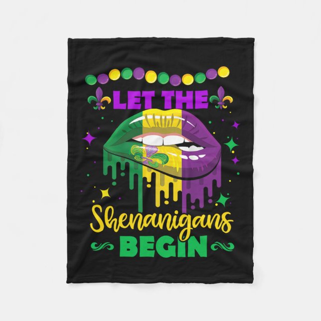 Let The Shenanigans Begin Mardi Gras Lips Kids Men Fleece Blanket (Front)