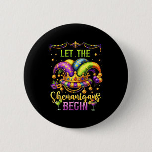 Let the shenanigans begin mardi gras mask funny 6 cm round badge