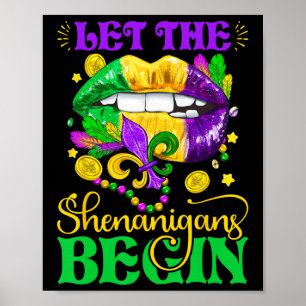 Let The Shenanigans Begin Retro Mardi Gras Lips Gi Poster
