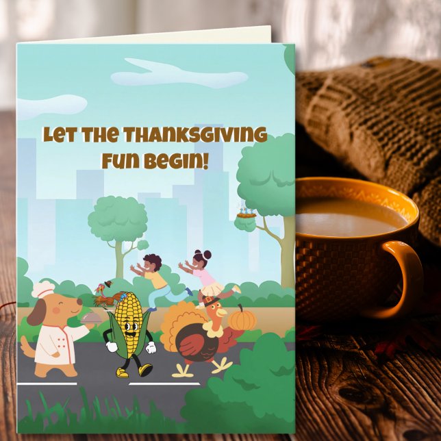Let the Thanksgiving Fun Begin Festive Holiday Card (A cheerful Thanksgiving parade full of color, joy, and playful holiday spirit.)