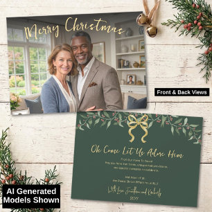Let Us Adore Him Elegant Watercolor Gold Bow Photo Holiday Card