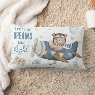 Let Your Dream Take Flight Cute Bear Blue Plane Lumbar Cushion