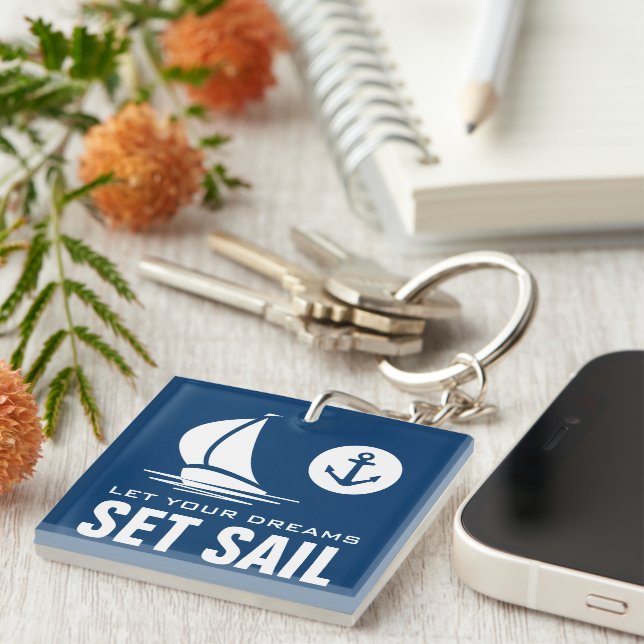 Let your dreams set sail nautical quote navy blue key ring (Front Right)
