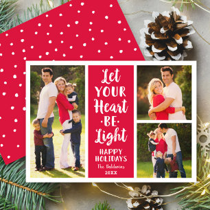Let Your Heart Be Light Red Modern Photo Collage Holiday Card