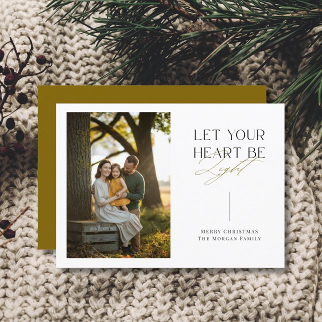 Let Your Heart Be Light Simple Family Photo Gold Holiday Card (Creator Uploaded)