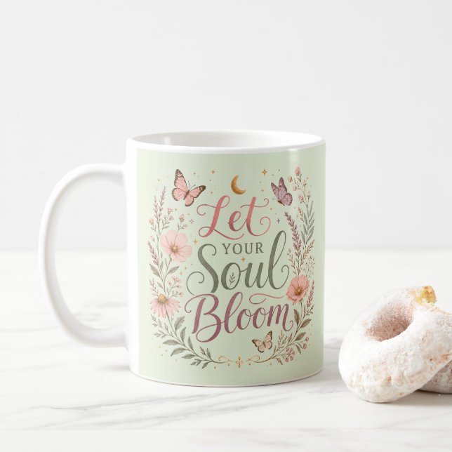 Let Your Soul Bloom Boho Wildflowers Soft Sage Coffee Mug (With Donut)