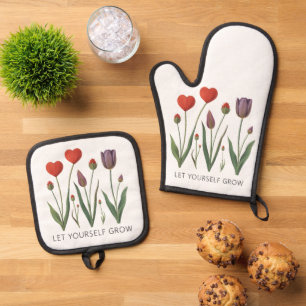 Let Yourself Grow Floral Heart Tulips Art Oven Mitt & Pot Holder Set