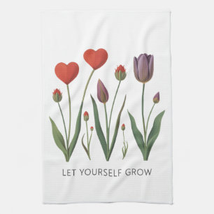 Let Yourself Grow Floral Heart Tulips Art Tea Towel