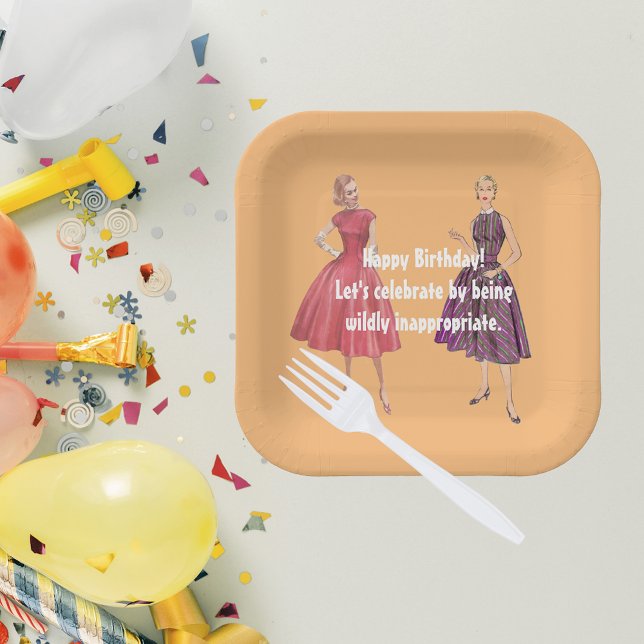 Lets Be Inappropriate Funny Retro Birthday Square Paper Plate (Creator Uploaded)