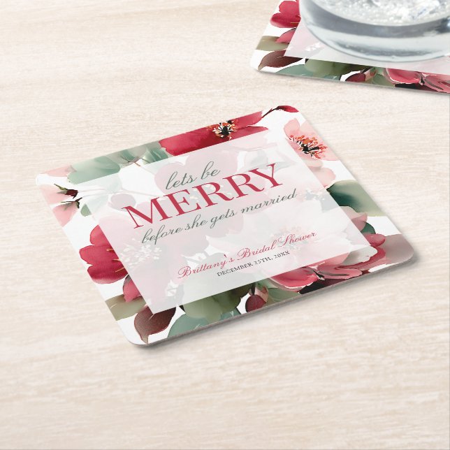Let's Be Merry Christmas Bridal Shower Square Paper Coaster (Angled)