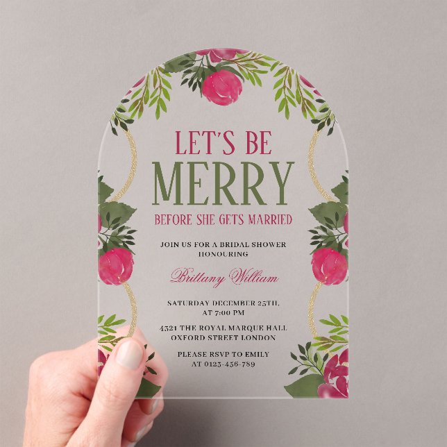 Let's Be Merry Floral Christmas Bridal Shower  Acrylic Invitations (Insitu (Handheld))