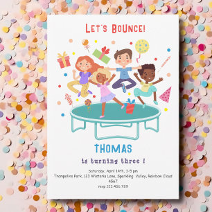 Let's bounce jumping trampoline park kids birthday invitation