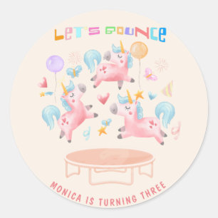 Let's bounce jumping unicorns kids birthday classic round sticker