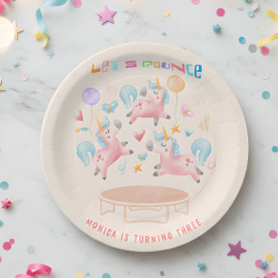 Let's bounce jumping unicorns kids birthday paper plate