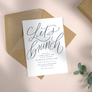 Let's brunch handlettered navy white wedding invitation