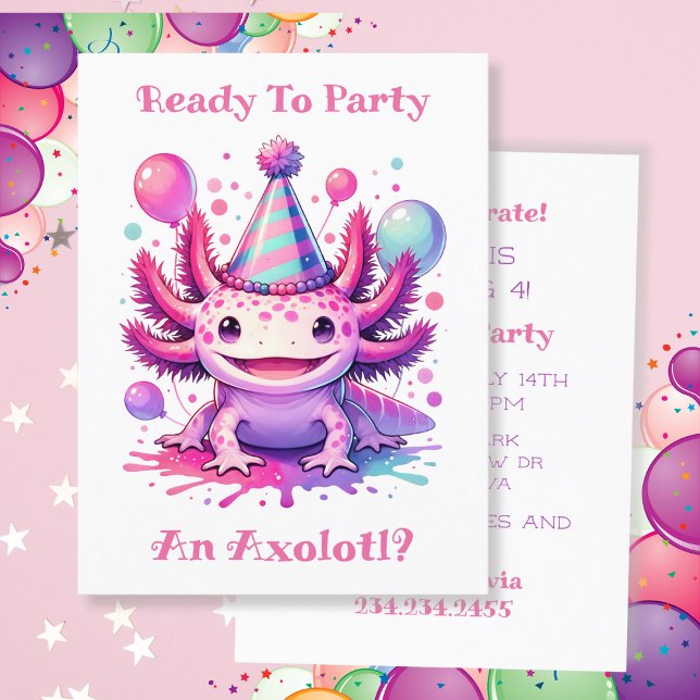 Let's Celebrate Axolotl Girl's Birthday Party Postcard (Creator Uploaded)