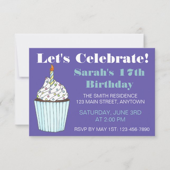 Let's Celebrate Birthday Party Blue Cupcake Cake Invitation (Front)