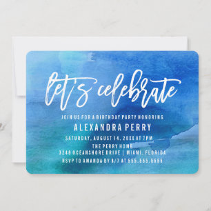 Let's Celebrate Birthday Party Blue Watercolor Invitation