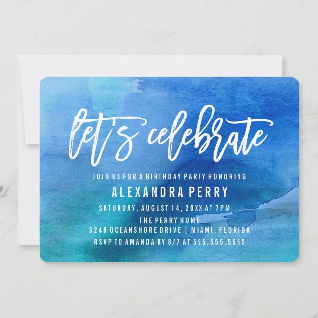 Let's Celebrate Birthday Party | Blue Watercolor Invitation (Front)